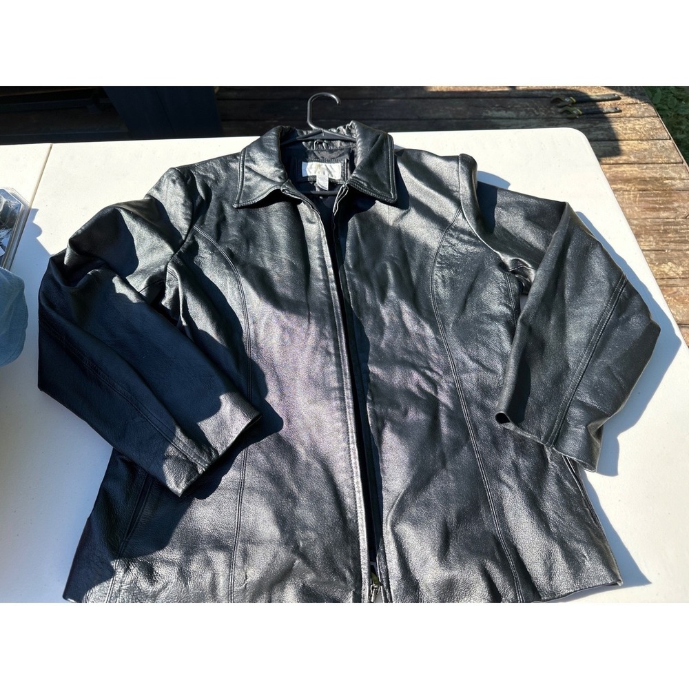 Worthington Black Genuine Leather Jacket Petite XL Full Zip‎ Nappa Leather Coat